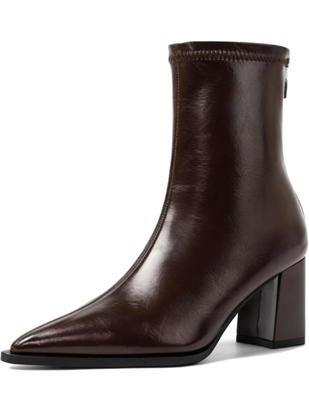 Women's Brown Leather Pointed Toe Chunky Heel Dress Sock Back Zipper Ankle Boot